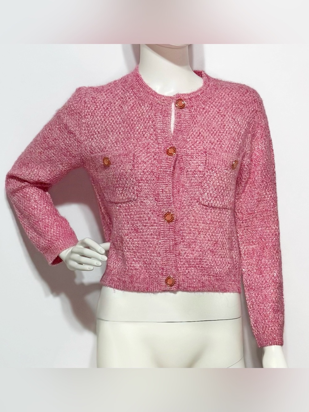 NWOT Maje pink tweed cardigan jacket with buttons and pockets | Size 1/S - Picture 3 of 10